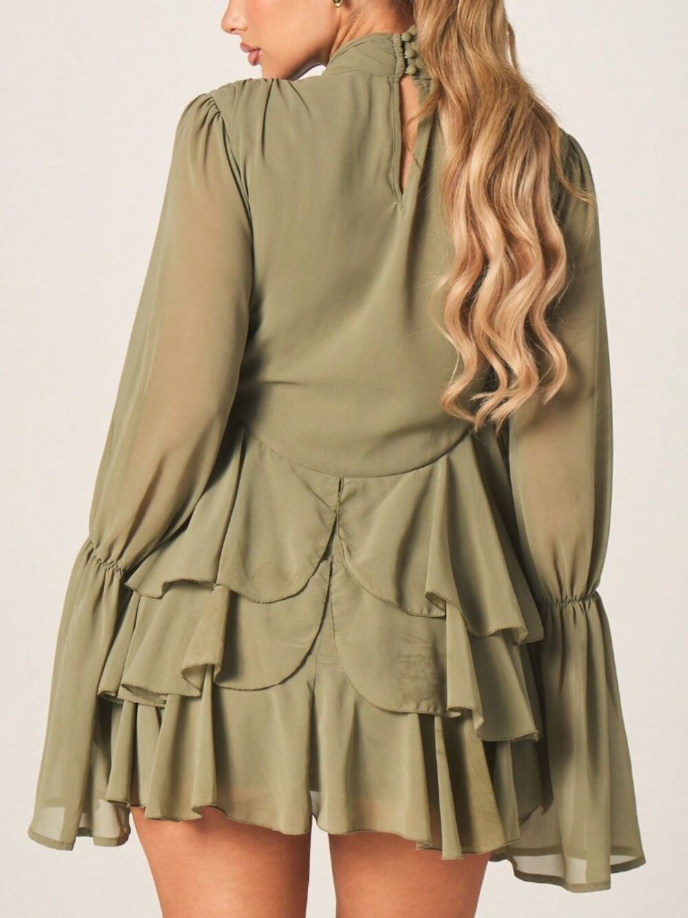 Olive Green Elegant Women's Chiffon Dress with Balloon Sleeves - Picture 2 of 6